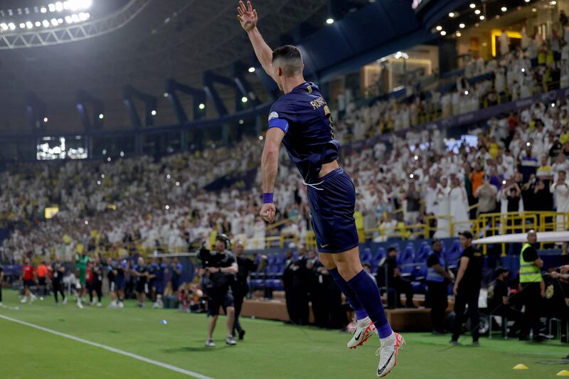 Cristiano Ronaldo celebrates scoring for Al Nassr against Al Shabab. AFP