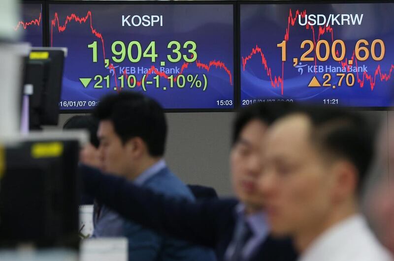 Traders at work as South Korea’s won ends at 1,200.60 per US dollar on 07 January 2016. Asian stocks plunged once again on Thursday morning, following the second automatic suspension of Chinese stock trading in four days. Yonhap / EPA