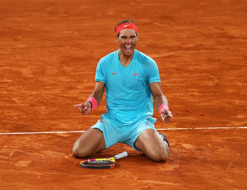 Spaniard Rafael Nadal celebrates after beating Novak Djokovic of Serbia to win the French Open at Roland Garros on Sunday, October 11. Getty