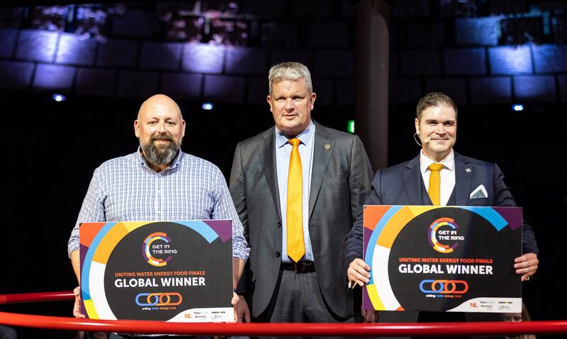 Sasha Babitsky, chief executive of Entoprotech, left, and Jon Salazar, founder of Gazelle Wind Power Limited, won the Get in the Ring competition held at Expo 2020 Dubai. All photos: Netherlands pavilion Expo 2020 Dubai