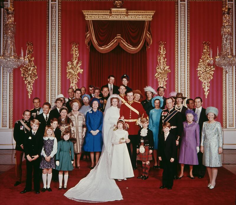 The wedding of Anne, Princess Royal to Mark Phillips, London, UK, 14th November 1973. Also pictured are Queen Elizabeth II, the Queen Mother, Princess Margaret, Prince Philip, Prince Charles, Viscount Linley, Katharine, Duchess of Kent, Queen Beatrix of the Netherlands, King Constantine II of Greece, King Juan Carlos I of Spain, and King Harald V of Norway and Queen Sonja of Norway.  (Photo by Keystone/Hulton Archive/Getty Images)