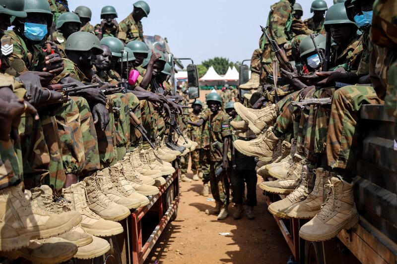Soldiers of the South Sudan People's Defence Forces prepare to be deployed to the Democratic Republic of Congo after their departure ceremony in Juba.  AFP