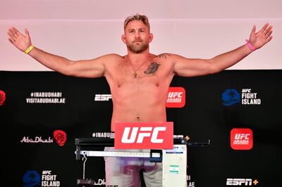 ABU DHABI, UNITED ARAB EMIRATES - JULY 24: In this handout image provided by UFC,  Alexander Gustafsson of Sweden poses on the scale during the UFC Fight Night weigh-in inside Flash Forum on UFC Fight Island on July 24, 2020 in Yas Island, Abu Dhabi, United Arab Emirates. (Photo by Jeff Bottari/Zuffa LLC via Getty Images)