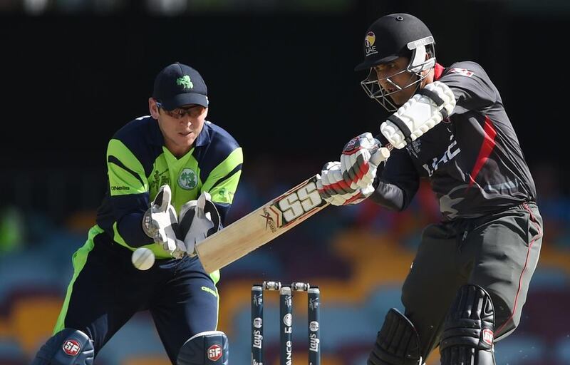 The UAE’s Shaiman Anwar, right, and Ireland wicketkeeper Gary Wilson were involved in one of the best games of the cricket World Cup early on in the tournament. Indranil Mukherjee / AFP