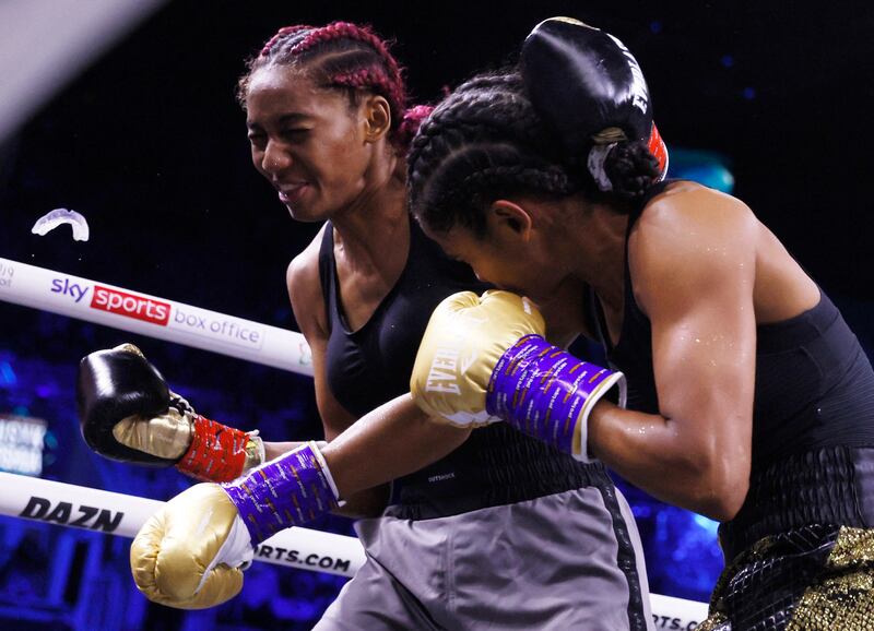 Ramla Ali in action against Crystal Garcia Nova. Action Images