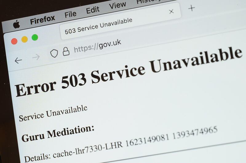 LONDON, ENGLAND - JUNE 08: In this Photo illustration, a screen displays a holding page of the Gov.UK Government website portal on June 08, 2021 in London, England. A wide range of major websites including eBay, Paypal, The Financial Times, Reddit, Twitch and The Guardian were taken offline due to what is believed to be an issue with the Fastly cloud hosting service. Some of the affected websites displayed the message "Error 503 Service Unavailable." (Photo by Leon Neal/Getty Images)