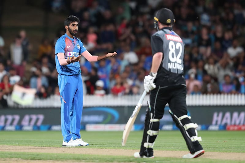 India’s Jasprit Bumrah reacts after bowling during the third Twenty20 cricket match between New Zealand and India at Seddon Park in Hamilton on January 29, 2020. / AFP / MICHAEL BRADLEY
