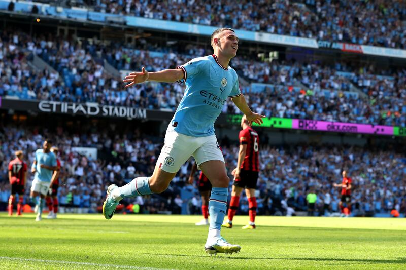 Phil Foden  celebrates after scoring the third goal. Getty
