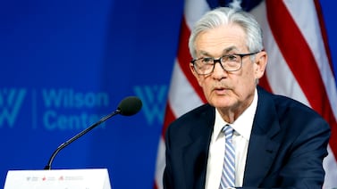 Jerome Powell speaks during a fireside chat with Bank of Canada Governor Tiff Macklem at the Wilson Centre in Washington. Bloomberg