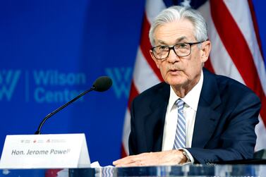 Jerome Powell, chairman of the US Federal Reserve, during a fireside chat with Tiff Macklem, governor of the Bank of Canada, not pictured, at the Wilson Center in Washington, DC, US, on Tuesday, April 16, 2024.  The world's biggest bond market remained under pressure, with traders sifting through a slew of remarks from Federal Reserve speakers on speculation that policymakers will be in no rush to cut rates. Photographer: Samuel Corum / Bloomberg