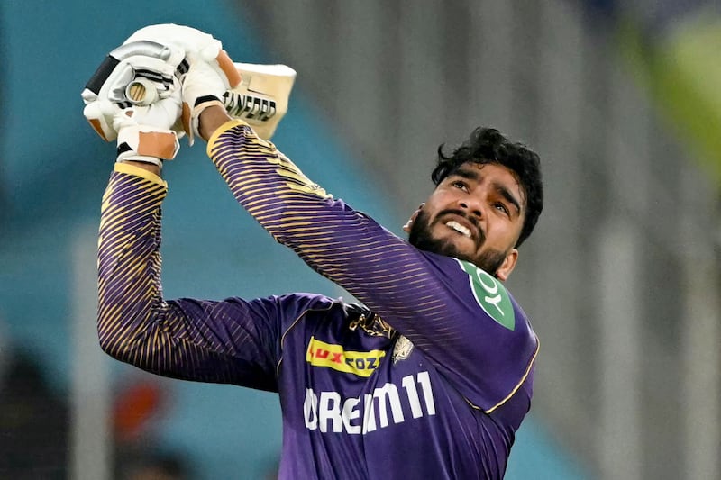 Kolkata Knight Riders' Venkatesh Iyer hits out on his way to compiling 51 off 28 deliveries. AFP