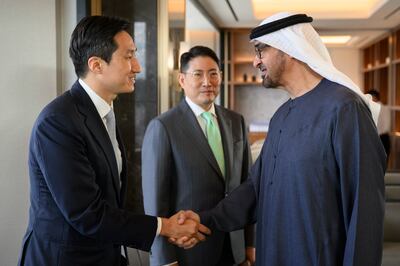President Sheikh Mohamed greets Chung Ki-sun, president and chief executive of HD Hyundai Group during his state visit to South Korea. Photo: UAE Presidential Court