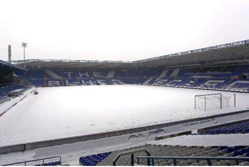 A general view of the snow-covered pitch at St Andrews in Birmingham, England.