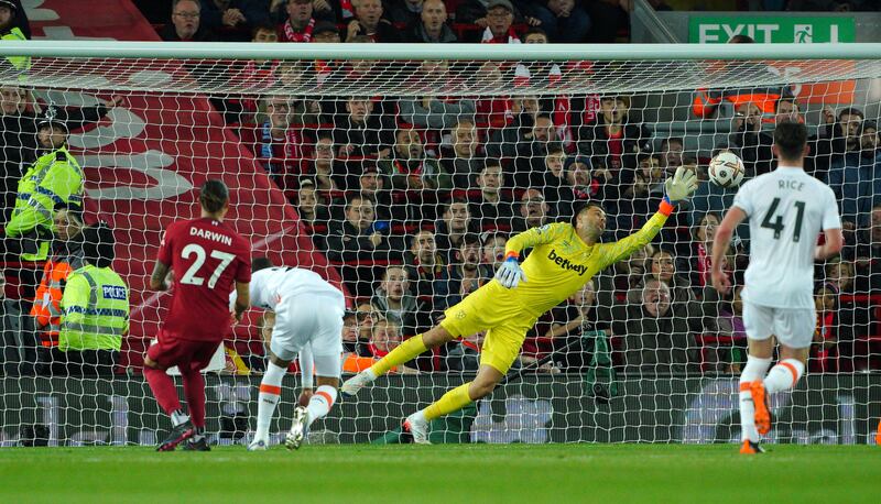 West Ham goalkeeper Lukasz Fabianski cannot stop Darwin Nunez scoring for Liverpool. PA