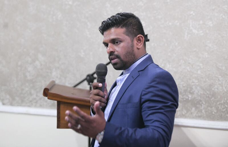 Abu Dhabi, United Arab Emirates - Pastor Jonty Kaldera speaks at the remembrance ceremony of the people who lost their lives at the heinous terrorist attacks, which took place on Easter in Sri Lanka at the Sri Lankan Embassy in Abu Dhabi. Khushnum Bhandari for The National

