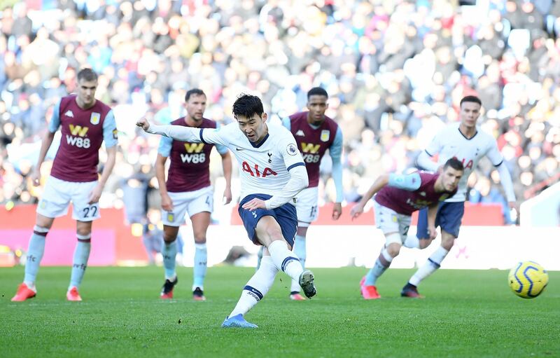 Spurs striker Son Heung-Min sees his penalty saved by Villa goalkeeper Pepe Reina, only to bundle home the rebound. Getty
