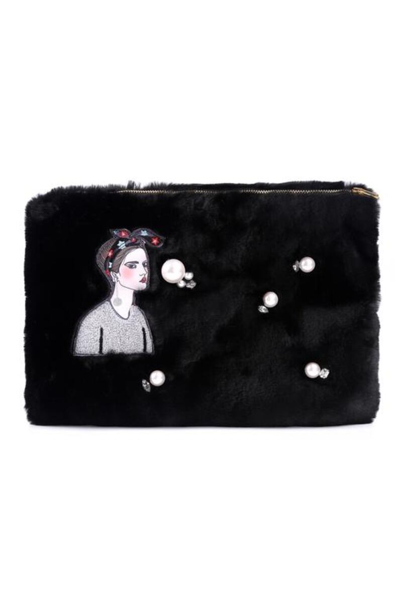 Accessories are also getting the faux-fur treatment, seen here in the Jasmine clutch by Zayan the Label. Courtesy Zayan the Label
