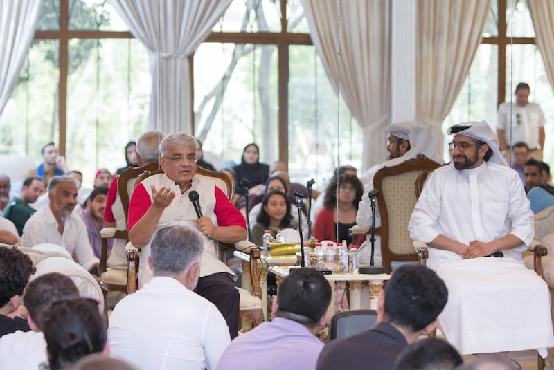 SHARJAH, UNITED ARAB EMIRATES, 20 JULY 2018 -Architect Ashok Mody giving a talk at Sultan Sooud Al Qassemi’s villa in Sharjah.  Leslie Pableo for The National for Melissa Gronlund story