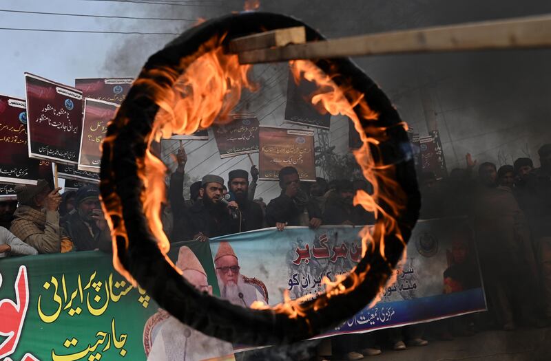 Pakistani activists in Lahore protest against Iranian missile strikes in Balochistan province last week. EPA