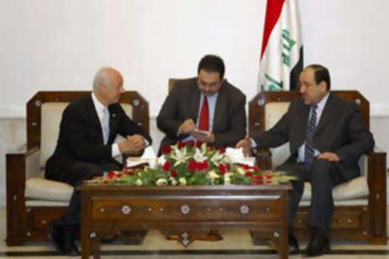 The Iraqi prime minister Nouri al Maliki, right, meets the UN envoy to Iraq, Staffan di Mistura, left, in Baghdad on July 2.
