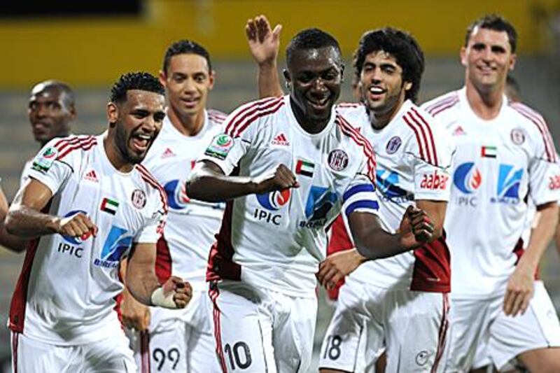 Ibrahim Diaky, the Al Jazira captain, leads the team celebrations as their victory virtually assures them of the Pro League title, with Baniyas unlikely to make up the 12 points and 23 goals needed to overhaul the Abu Dhabi side.