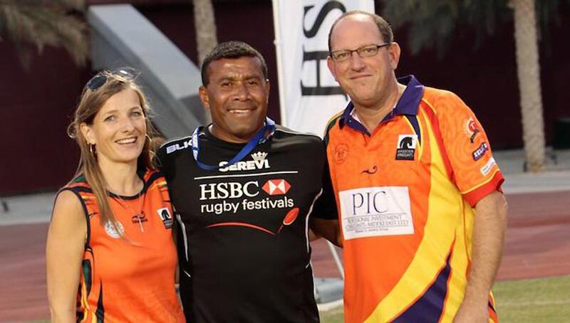 Louise Palmer, Waisale Serevi - former Fijian rugby player and her late husband Neil Palmer. Courtesy The UAE Rugby Federation