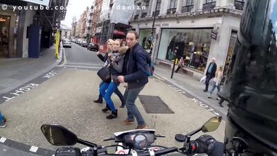 A screengrab from one of RJ's Daily Observations videos featuring pedestrians straying across the road. For many viewers, their little jumps and squeals at the sound of the throaty throttle never grows old. Courtesy Royal Jordanian