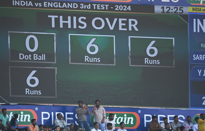 The big screen at the stadium shows the three sixes scored in an over by India batsman Yashasvi Jaiswal from a James Anderson over. Getty Images