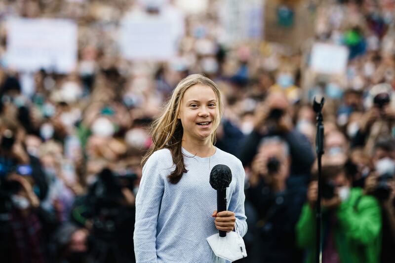 Swedish climate activist Greta Thunberg is at the centre of US artist Jenny Holzer's travelling installation, marking the start of Cop26. EPA