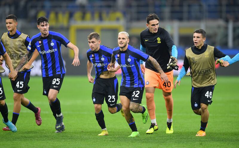 Inter Milan's Federico Dimarco, Nicolo Barella, Alessandro Bastoni, Nikos Botis, Mattia Zanotti and Valentin Carboni celebrate after the match. Reuters