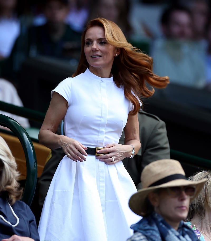 Geri Horner, in Alexander McQueen,  on day five of the Wimbledon Championships at the All England Lawn Tennis and Croquet Club. PA