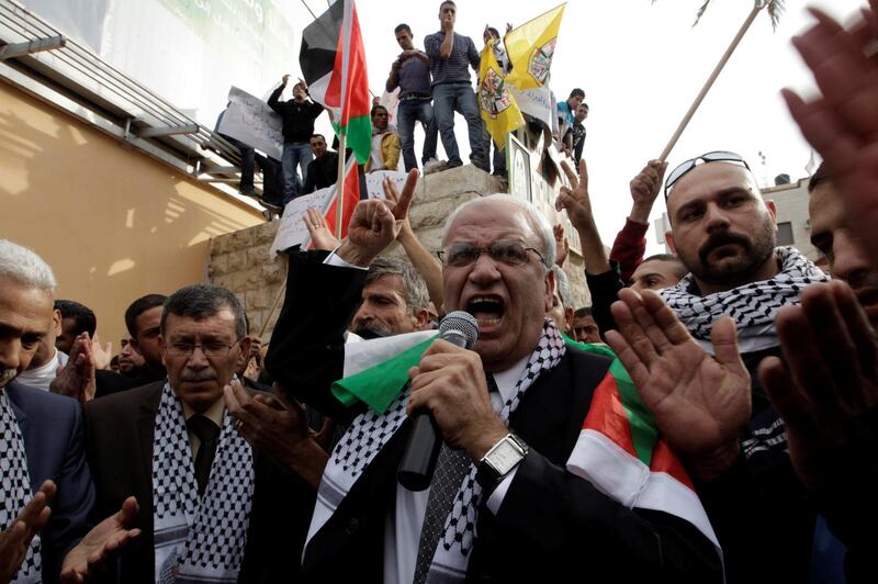 Saeb Erekat, the Palestinian Authority's chief negotiator, speaks during a rally held upon his return from Cairo to the West Bank city of Jericho on January 25, 2011. Reuters
