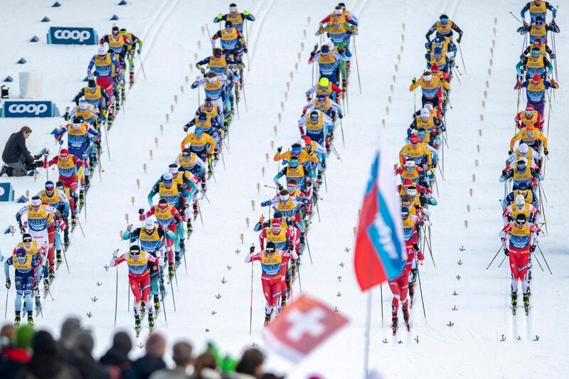 Competitors about to start the men's 15 km cross country skiing at the FIS Tour de Ski in Lenzerheide, Switzerland, on Saturday, December 28. AP