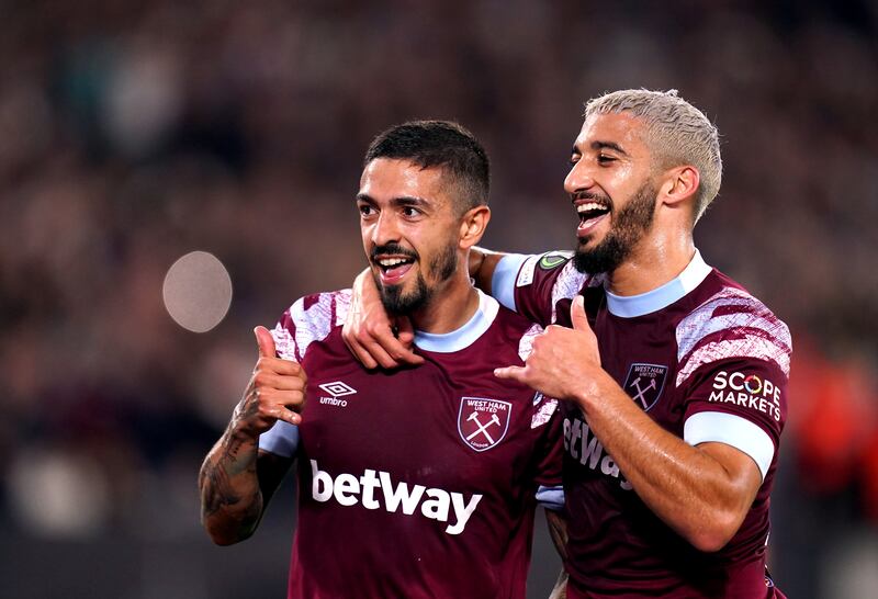 West Ham United's Manuel Lanzini celebrates with team-mate Said Benrahma after scoring in the 1-0 Europa Conference League win against Silkeborg at the London Stadium on October 27, 2022. AP