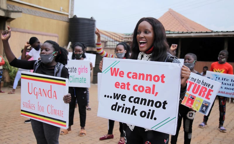 Ugandan climate change activist Vanessa Nakate takes part in a demonstration in the Luzira suburb of Kampala, Uganda. Reuters