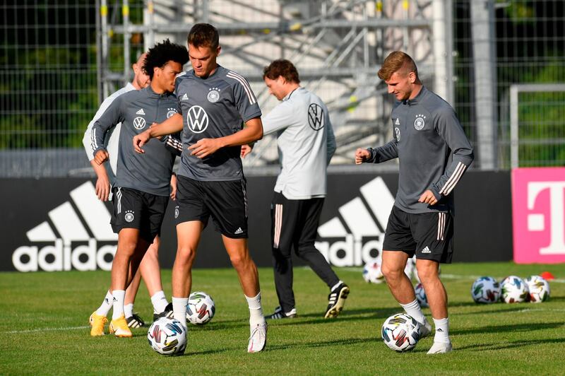 Leroy Sane, Matthias Ginter and Timo Werner attend a training session ahead of Germany's Uefa Nations League group stage match against Spain. AFP