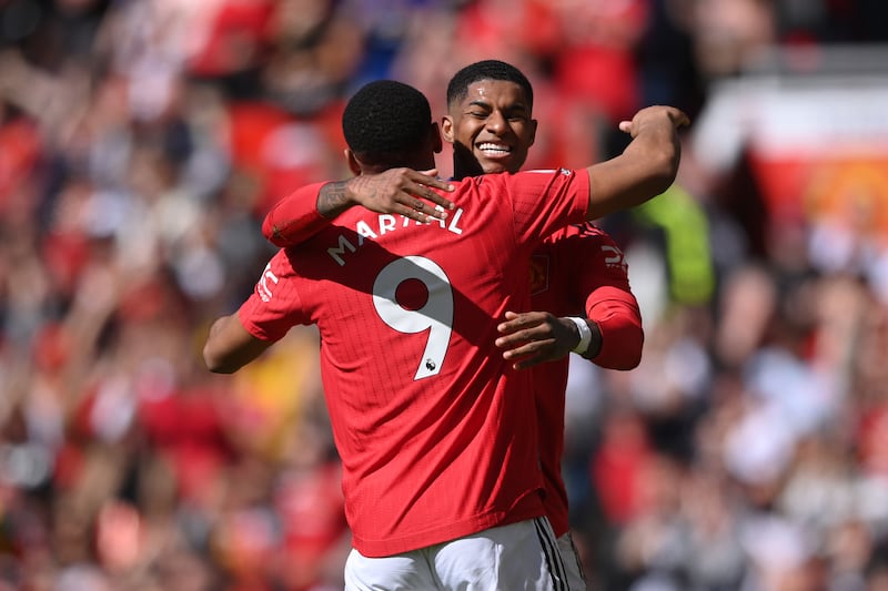 Anthony Martial and Marcus Rashford celebrate Manchester United's second goal. Getty