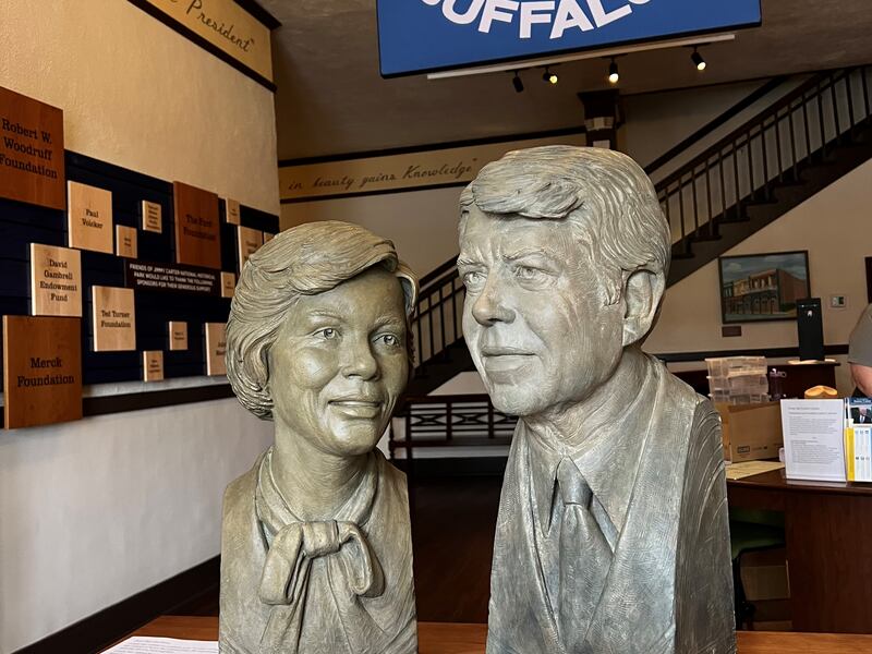 Carved busts of Rosalynn and Jimmy Carter on display at the Jimmy Carter National Historical Park in Plains. Holly Aguirre / The National