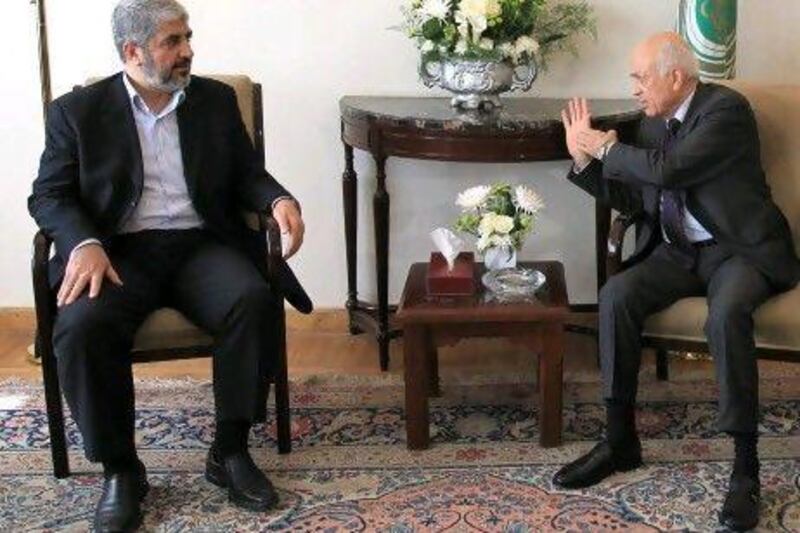 The Arab League secretary general, Nabil Alaraby, right, in talks with Palestinian Hamas political bureau chief Khaled Meshaal in Cairo last month.