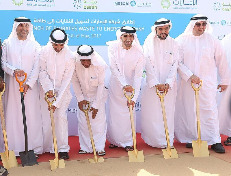 Fourth from left, Dr Thani Al Zeyoudi, Minister of Climate Change and Environment, during the Sharjah multi-fuel waste to energy facility opening ceremony in Sharjah. Satish Kumar / The National 