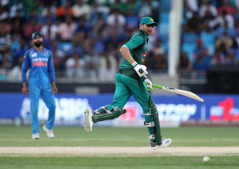 Dubai, United Arab Emirates - September 23, 2018: Pakistan's Shoaib Malik bats during the game between India and Pakistan in the Asia cup. Sunday, September 23rd, 2018 at Sports City, Dubai. Chris Whiteoak / The National