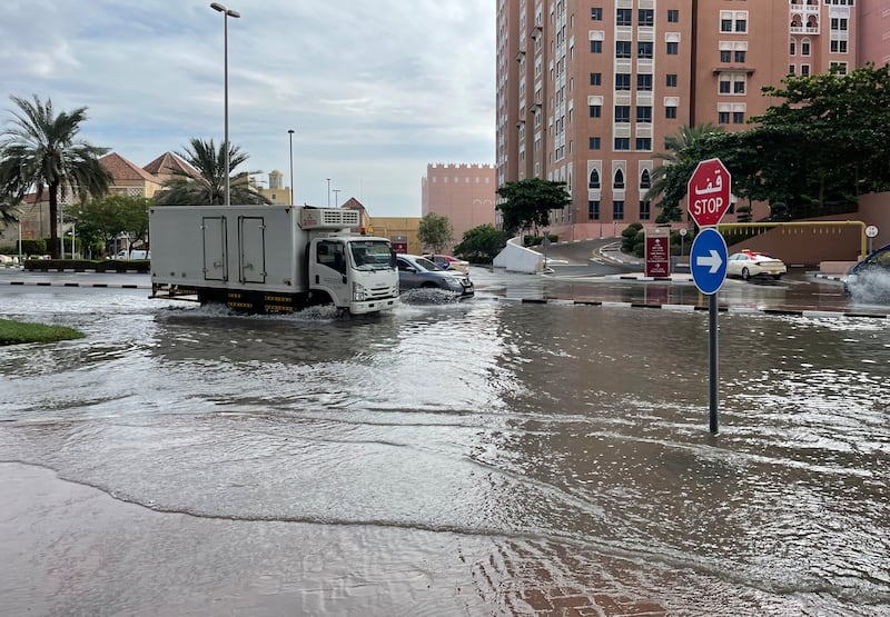 Flood waters are seen on the roads around the Ibn Batutta mall area of Dubai. James O'Hara / The National