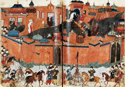 IRAN - CIRCA 2002:  The Mongols lay seige to Bagdad, Persian manuscript 1113 folio 180 e 181, 1258. (Photo by DeAgostini/Getty Images)