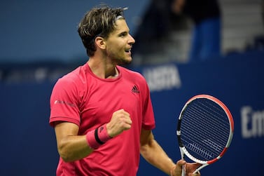 Sep 11 2020; Flushing Meadows, New York,USA; Dominic Thiem of Austria celebrates after match point against Daniil Medvedev of Russia (not pictured) in a men's singles semi-finals match on day twelve of the 2020 U.S. Open tennis tournament at USTA Billie Jean King National Tennis Center. Mandatory Credit: Robert Deutsch-USA TODAY Sports