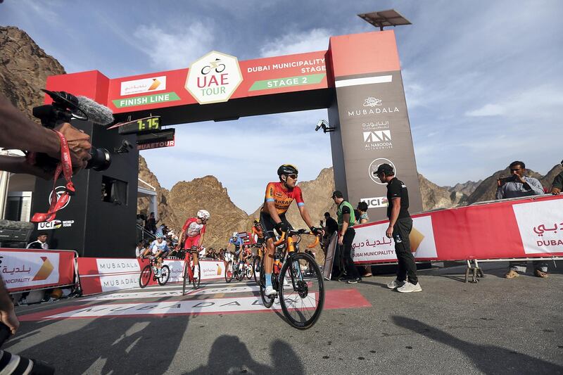 HATTA, February, 24, 2020: Cyclist at the finish line of  the second stage during the UAE Tour 2020 race in Hatta  . Satish Kumar/ For the National/  Story Amit Pasella
