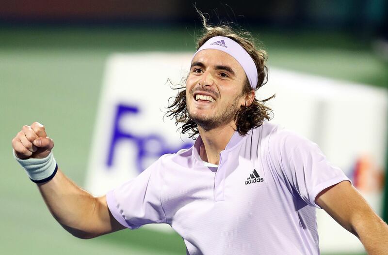 Stefanos Tsitsipas celebrates after beating Jan-Lennard Struff at the Dubai Duty Free Tennis Championships. EPA