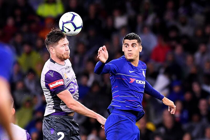 PERTH, AUSTRALIA - JULY 23: Alex Grant of Perth Glory and Alvaro Morata of Chelsea compete for the ball during the international friendly between Chelsea FC and Perth Glory at Optus Stadium on July 23, 2018 in Perth, Australia.  (Photo by Albert Perez/Getty Images)