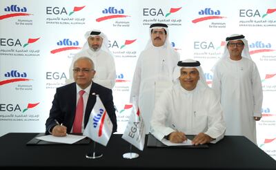 Alba’s Chairman of the Board Shaikh Daij bin Salman bin Daij Al Khalifa and EGA Vice Chairman His Excellency Saeed Mohammed Al Tayer at the signing ceremony of the agreement at Expo 2020 Dubai. Photo: EGA