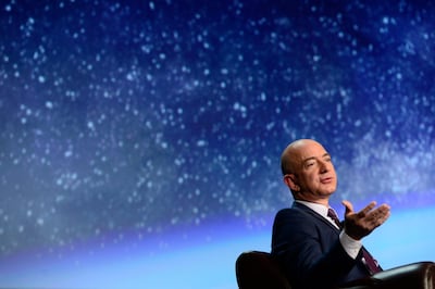 COLORADO SPRINGS, CO - APRIL 12: Founder of space company Blue Origin, Jeff Bezos, speaks about the future of commercial space travel during the 32nd Space Symposium on April 12, 2016 in Colorado Springs, Colorado. Bezos, founder and CEO of Amazon, spoke to the crowd about the business and future of commercial space travel and how his new company, Blue Origin, is looking to make that more accessible to the general public. (Photo by Brent Lewis/The Denver Post via Getty Images)