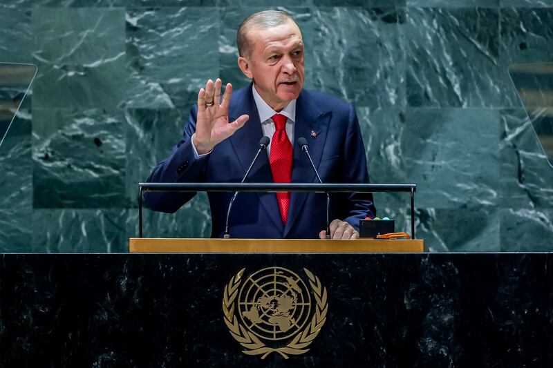 Turkish President Recep Tayyip Erdogan addresses the 78th session of the UN General Assembly. EPA